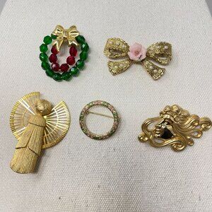 Lot of 5 Vintage Brooches Christmas Art Deco Bow Angel Floral Brooch Pin